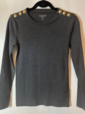 J.Crew Charcoal Gray Long-Sleeve Tee with Gold Button Shoulders – Size S.